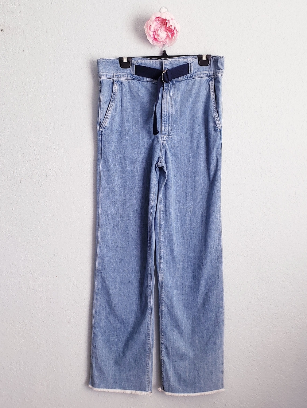 rag & bone Light Blue Wide Leg Denim Pants with Navy Belt